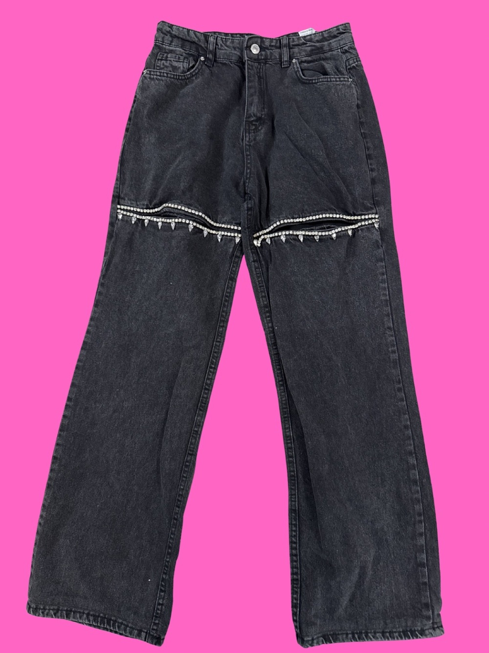 Black Wide-Leg Jeans with Rhinestone Fringe Detail